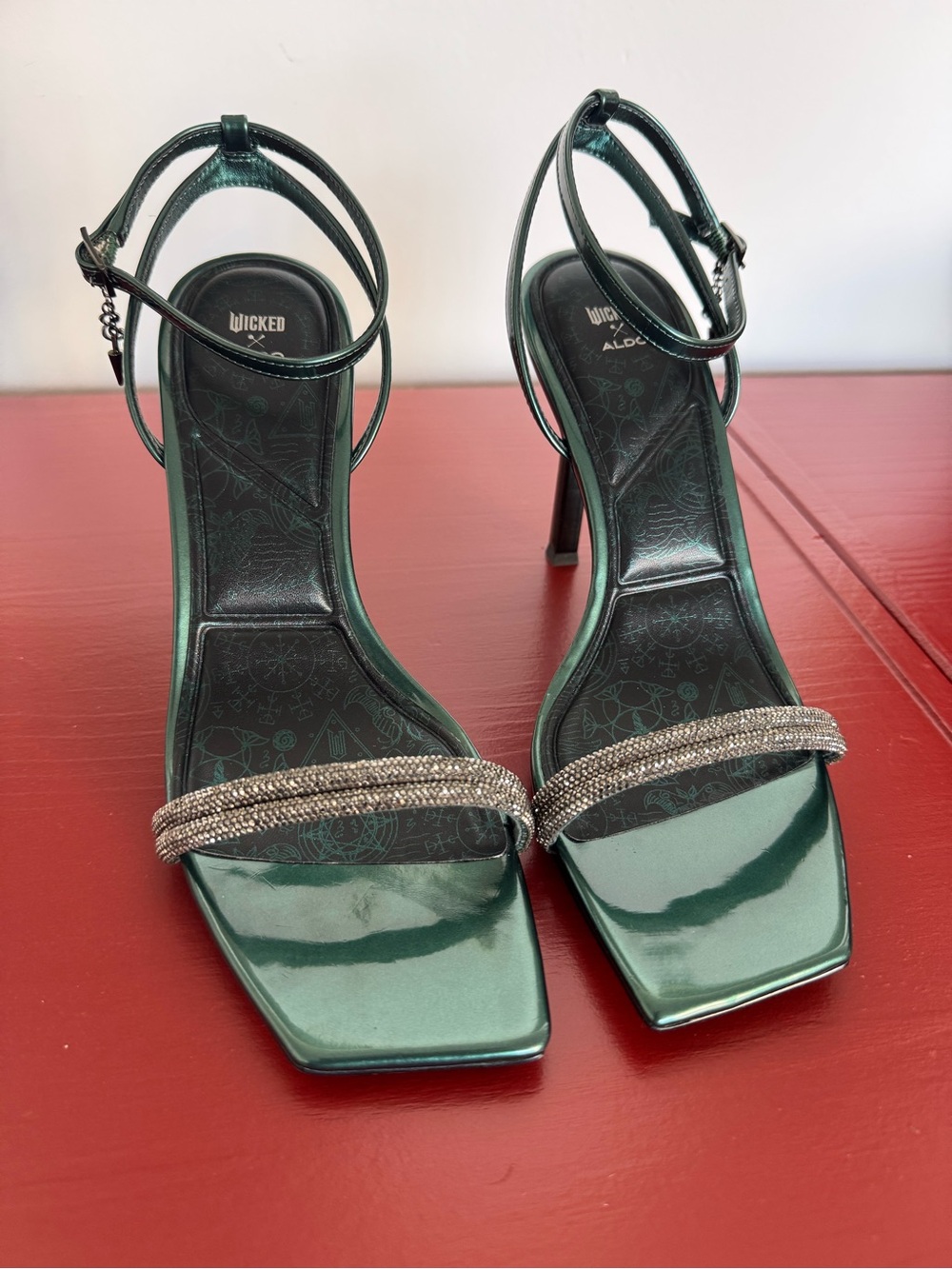 ALDO x WICKED Green Metallic Strap Heels with Rhinestone Accent